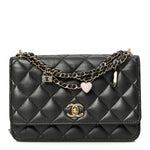 Pearly Lambskin Quilted Charms Wallet On Chain WOC Black