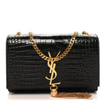 Calfskin Crocodile Embossed Small Classic Monogram Kate Tassel Satchel Black