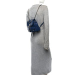 Shiny Caviar Quilted Medium Duma Pockets Drawstring Backpack Dark Blue