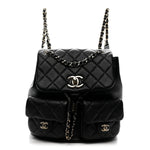 Shiny Caviar Quilted Medium Duma Pockets Drawstring Backpack Black