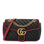 Vintage Effect Calfskin Matelasse Diagonal Small Torchon GG Marmont Shoulder Bag Black Romantic Cherry