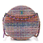 Tweed Quilted Round Clutch With Chain Blue Pink Orange