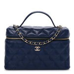 Caviar Quilted Top Handle Slim Vanity With Chain Navy