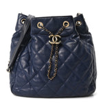 Lambskin Quilted Chain Drawstring Bag Navy Blue