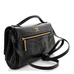 Crocodile Embossed Small Bel Air Clutch On Strap Black