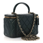 Iridescent Lambskin Quilted Small Top Handle Vanity Case With Chain Green