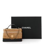 Suede Calfskin Shiny Lambskin Quilted Top Handle Slim Vanity Case With Chain Beige Black