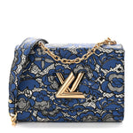 Calfskin Lace Flower Inlay Twist Shoulder Bag MM Navy Black
