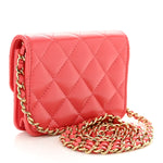 Shiny Lambskin Quilted Card Holder On Chain Pink