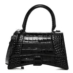 Shiny Calfskin Monochrome Crocodile Embossed Small Hourglass Top Handle Bag Black