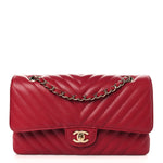 Caviar Chevron Quilted Medium Double Flap Red