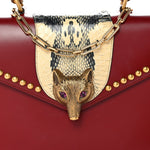 Glossy Calfskin Snakeskin Studded Fox Broche Bamboo Top Handle Bag Red