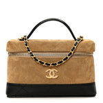 Suede Calfskin Shiny Lambskin Stitched Top Handle Slim Vanity Case With Chain Beige Black