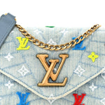 Embroidered Monogram Denim New Wave Chain Pochette Blue