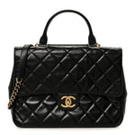 Glazed Calfskin Quilted Large Gold Bar Top Handle Flap Black