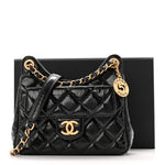 Shiny Crumpled Calfskin Quilted Small Wavy CC Hobo Black
