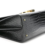 Calfskin Crocodile Embossed Medium Classic Monogram Cassandra Top Handle Black