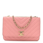 Lambskin Chevron Quilted Trendy CC Wallet On Chain WOC Pink