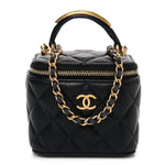 Lambskin Quilted Metal Mini Top Handle Vanity Case With Chain Black
