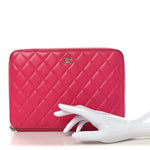 Lambskin Quilted Large Zip Around Organizer Wallet Pink