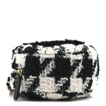 Wool Tweed Lambskin Quilted Round Clutch With Chain and Coin Purse Black White