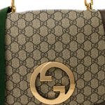 GG Supreme Monogram Textured Dollar Calfskin Web Medium Blondie Top Handle Shoulder Flap Bag Beige Ebony New Acero