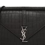 Calfskin Crocodile Embossed Large Monogram Satchel Dark Brown