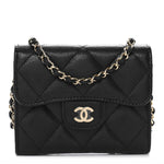 Caviar Quilted Flap Card Holder On Chain Black