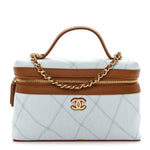 Washed Denim Calfskin Quilted Top Handle Slim Vanity Case With Chain Blue Brown