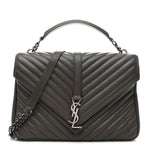 Sheepskin Matelasse Chevron Monogram Large College Satchel Dark Anthracite