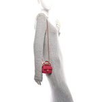 Calfskin Quilted Lady Handle Flap Card Holder With Chain Dark Pink