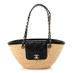 Raffia Braided Lambskin Small Shopping Tote Beige Black