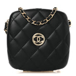Lambskin Quilted Compact Vanity Case Purse With Chain Black