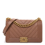 Caviar Chevron Quilted Medium Boy Flap Dark Beige
