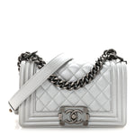 Metallic Calfskin Quilted Small Boy Flap Silver