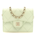 Caviar Quilted Flap Card Holder On Chain Light Green