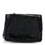 Crinkled Calfskin Matelasse Monogram Medium Niki Chain Satchel Black