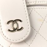 Lambskin Quilted Round Mini Vanity Case With Chain Case With Chain White