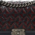 Calfskin Woven Medium Boy Flap Blue Burgundy