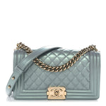 Iridescent Patent Calfskin Quilted Medium Boy Flap Light Blue