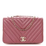Metallic Calfskin Chevron Quilted Small Statement Flap Pink