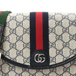 GG Supreme Monogram Textured Dollar Calfskin Web Studded Mini Ophidia Flap Shoulder Bag Beige Blue