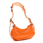 Extra Supple Calfskin Crocodile Embossed Le Cagole Shoulder Bag XS Pop Orange