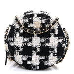 Tweed Quilted Round Clutch With Chain Black Ecru White