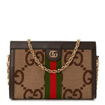 Monogram Jumbo GG Textured Dollar Calfskin Web Small Ophidia Chain Shoulder Bag Camel Ebony New Acero