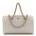 Caviar Quilted Barrel Clutch With Chain White