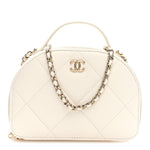 Grained Calfskin Quilted Top Handle Chain Clutch White