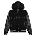 Hooded Varsity Jacket in Wool and Leather - Black
