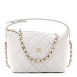 Shiny Caviar Quilted Hobo Clutch With Chain Light Grey
