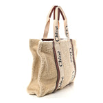 Shearling Calfskin Large Woody Ribbon Tote Mild Beige